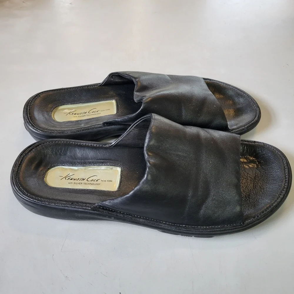 Kenneth Cole New York Mens 8M Leather Slide Sandals Black Silver‎ Technology